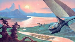 Landscapes sunset sun Mountains paintings artwork fantasy art