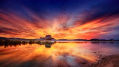 Landscapes sunset Trees blue lakes rivers