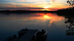Landscapes sunset Trees Boats lakes forests