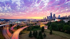 Landscapes sunset Trees clouds Skyscrapers architecture 