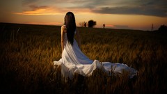 Landscapes sunset Trees grass woman dress brunettes white dress 