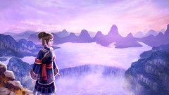 Landscapes sunset Trees Mountains Anime Japanese waterfalls 