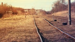 Landscapes sunset Trees railroad tracks