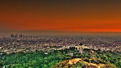 Landscapes sunset Trees red Green Skyscrapers buildings skies 