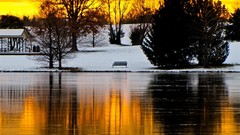 Landscapes sunset Trees snow winter clouds bench lakes scenic 