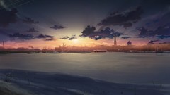 Landscapes sunset Trees snow winter clouds buildings skies 