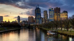 Landscapes sunset Trees yellow water blue clouds Green 