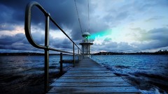 Landscapes sunset water blue clouds ocean dark footpath piers 