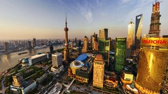 Landscapes sunset water China ships Skyscrapers channel 