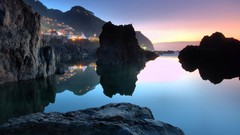 Landscapes sunset water Mountains Skyscrapers Alaska 