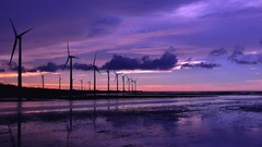 Landscapes sunset water windmills wind power