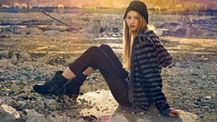 Landscapes sunset woman rocks blondes long hair teen