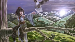 Landscapes Trees Animals Mountains branches Birds hats red eyes 