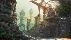 Landscapes Trees Birds moss statues Temples artwork digital art