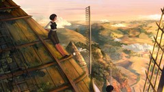 Landscapes Trees clouds hills windmills buildings anime girls 