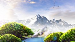 Landscapes Trees grass Mountains clouds Green Birds skies 