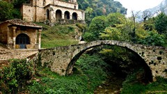 Landscapes Trees grass Mountains Spain Bridges rocks houses 