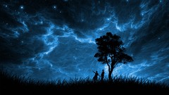 Landscapes Trees grass night Stars clouds moonlight silhouettes 