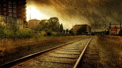 Landscapes Trees grass sepia buildings HDR Photography railroads