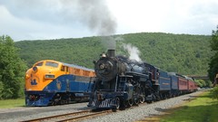 Landscapes Trees grass steam vehicles railroad tracks trains