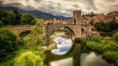 Landscapes Trees hills Spain Bridges reflections rivers town 