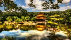 Landscapes Trees Japan lakes houses skies forests kinkakuji