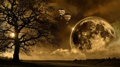 Landscapes Trees moon digital art hot air balloons