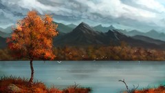 Landscapes Trees Mountains autumn paintings lakes blue skies 