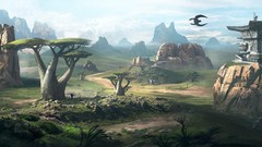 Landscapes Trees Mountains Birds houses artwork digital art