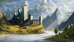 Landscapes Trees Mountains clouds abandoned rocks Castles 