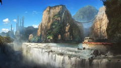 Landscapes Trees Mountains clouds Birds Boats waterfalls 