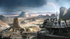 Landscapes Trees Mountains clouds moon plain science fiction 