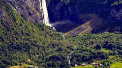 Landscapes Trees Mountains Norway Europe houses fjord