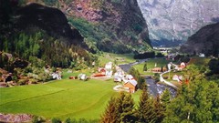 Landscapes Trees Mountains Norway Europe houses rivers