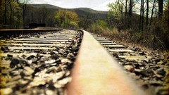 Landscapes Trees Mountains rocks railroad tracks depth of field