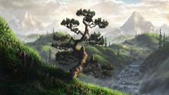 Landscapes Trees Mountains waterfalls drawings rivers artwork 