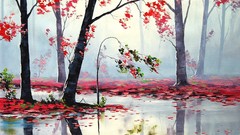 Landscapes Trees paintings streams artwork fallen leaves