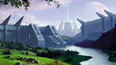 Landscapes Trees planets rivers science fiction fan art halo 