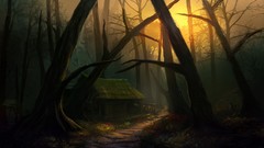 Landscapes Trees sun evening houses paths drawings sunlight 