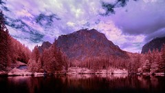 Landscapes Trees water black Mountains red land rocks lakes 