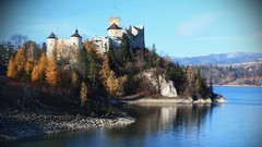 Landscapes Trees water blue autumn hills Museum Poland rocks 