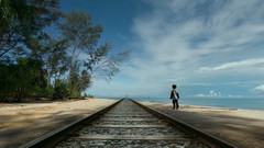 Landscapes Trees water blue clouds ocean Green Beaches railroads