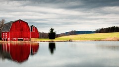 Landscapes Trees water clouds red hills barn