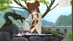 Landscapes Trees water Dragons bamboo bows long hair brown eyes 