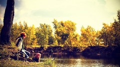 Landscapes Trees water woman couple sea shorelines