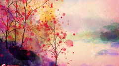 Landscapes Trees watercolor paintings artwork paint splatter 