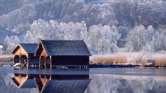Landscapes Trees winter lakes houses