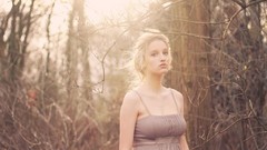 Landscapes Trees woman blondes blue eyes forests cleavage