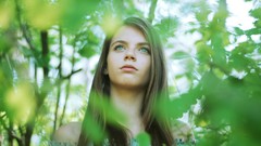 Landscapes Trees woman long hair blue eyes brunettes forests 