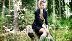 Landscapes Trees woman outdoors blondes black dress forests
